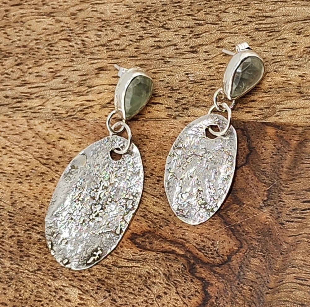 PERIDOT TEARDROP  TEXTURE EARRINGS  HANDMADE STERLING SILVER